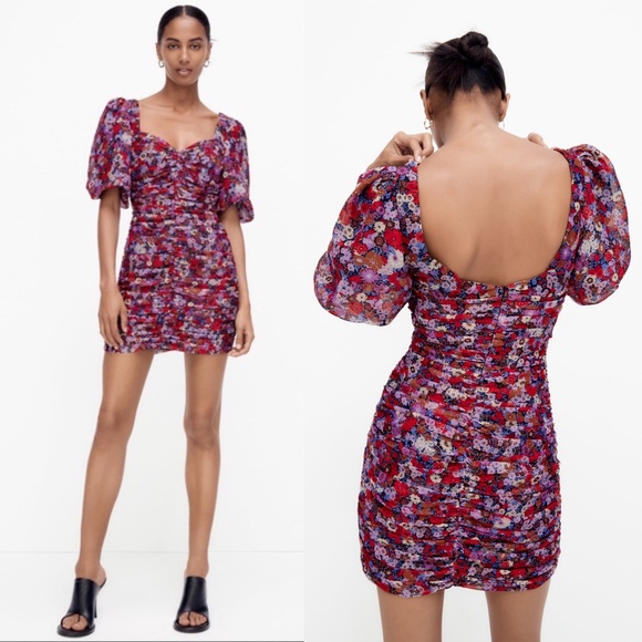 Zara Dresses Zara Floral Printed Dress With Draping Size S New